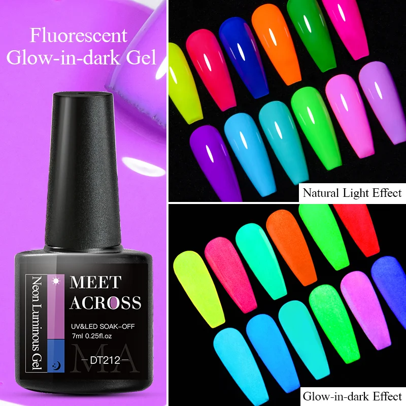 

MEET ACROSS 7ml Fluorescent Glow-in-dark Gel Nail Polish Semi Permanent Soak Off UV Neon Gel Varnish DIY Manicure For Nails Art