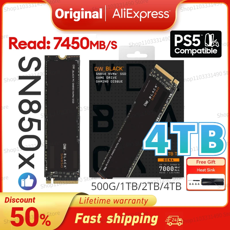 

4TB DW BLACK SN850X 1TB 2TB NVMe Internal Gaming SSD Solid State Drive with Heatsink Works for Playstation 5 Gen4 PCIe M.2 2280