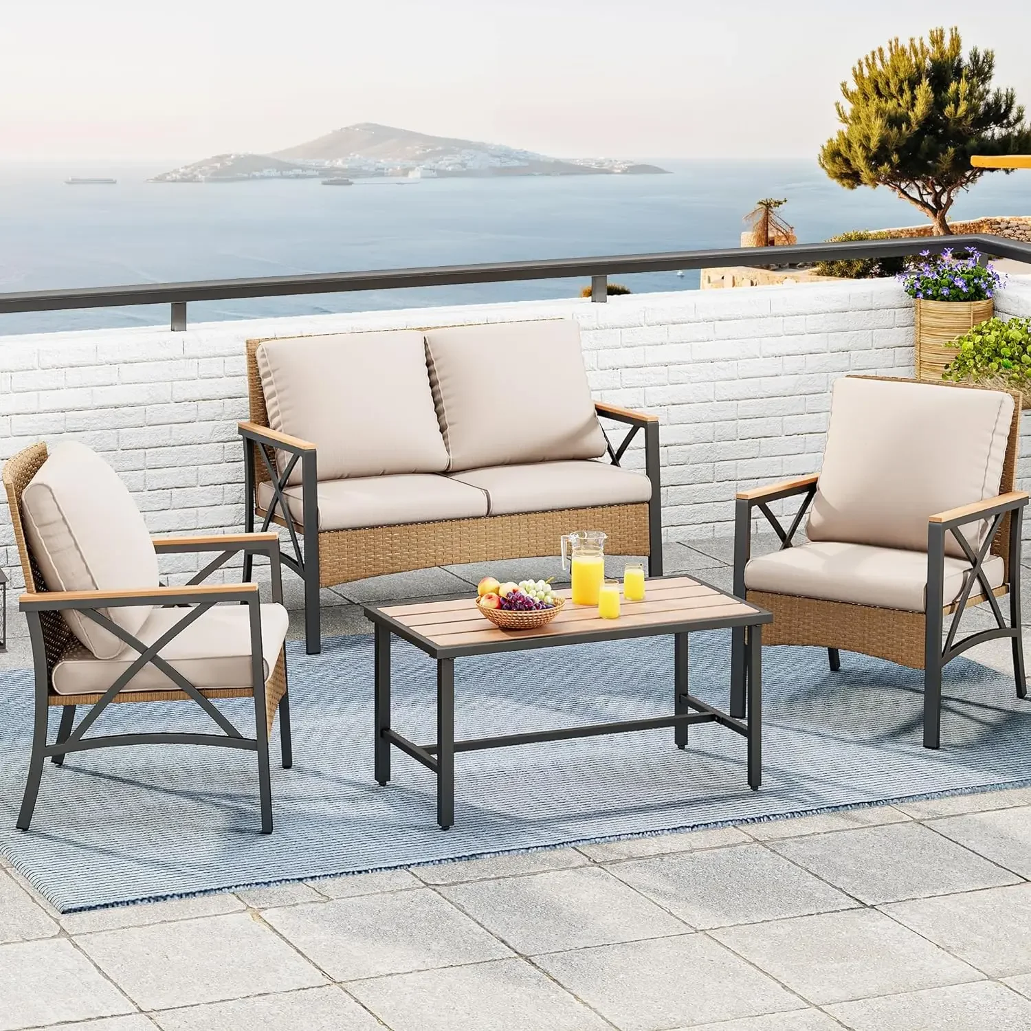 4-Piece Patio Wicker Furniture Set with Wood Armrest, All Weather Rattan Conversation Furniture Sets for Backyard, Balcony
4-Piece Patio Wicker Furniture Set with Wood Armrest, All Weather Rattan Conversation Furniture Sets for Backyard, Balcony