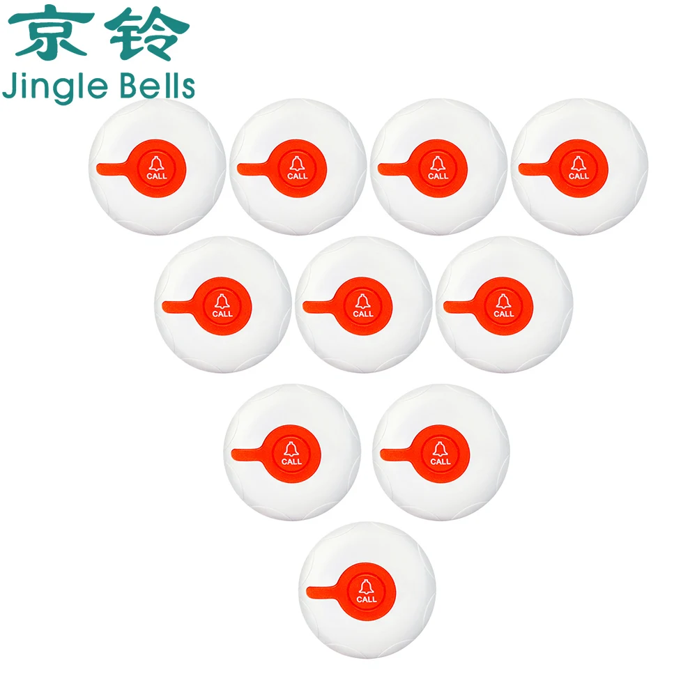 

JINGLE BELLS 10 Waterproof Button Transmitters Wireless Calling Systems Guest Waiter Service Buzzer for Bar, Restaurant,Clinic