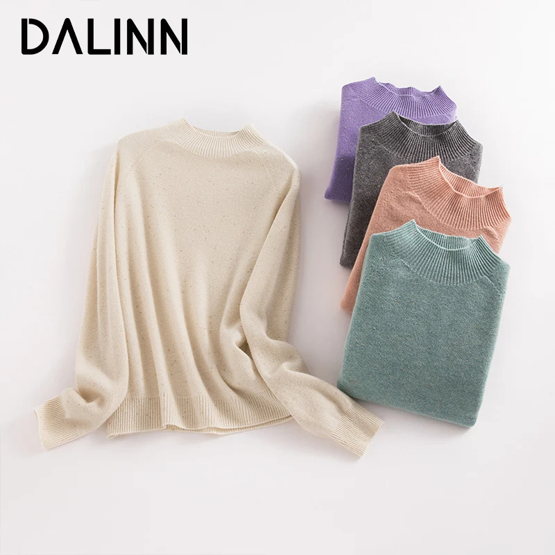 

Woman Mock Neck Pullovers 100%Sheep Wool Plain Knitted Seamless Dots Sweaters 2023 Fall Winter Basic Top Purple Pink DALINN