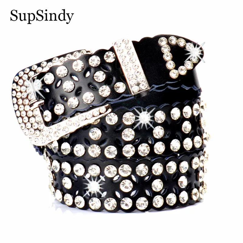 

SupSindy Luxury Women Belt Punk Rhinestone Rivets Pin Buckle Leather Belts For Women Rock Hip Hop Jeans Waistband Female Strap