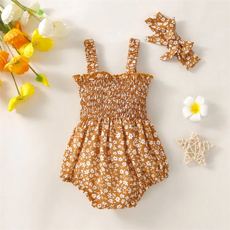 

2022 Summer Infant Girl Sleeveless Flower Romper Bow Headband Sweet Style Baby Bodysuits Girls Outfits Clothing