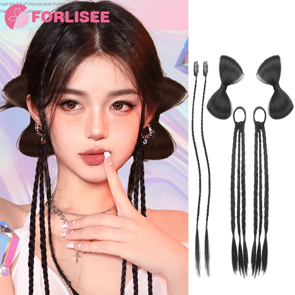 

FORLISEE Synthetic Long Curly Hair Braided Fried Dough Twists Braid Bow Ponytail Wig Y2K Millennial Hot Girls Fashion Personalit