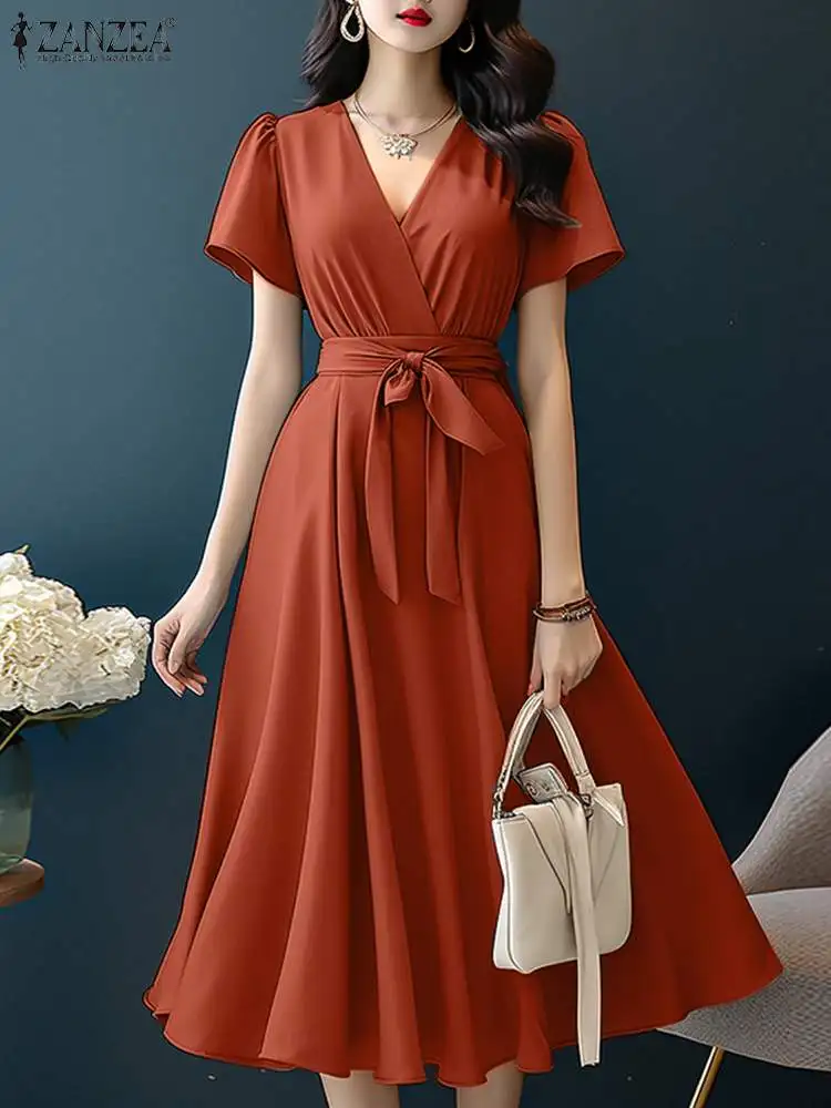 

ZANZEA 2024 Fashion V Neck Vestidos Holiday Women Casual Elegant Midi Sundress Short Sleeve Solid Color Belted A-line Dresses