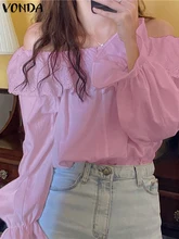 Women Lace Ruffled Shirts 2022 VONDA Casual Tops Bohemian Flare Sleeve Solid Color Pleated Blouse Office Lady Blusas Femininas 
Women Lace Ruffled Shirts 2022 VONDA Casual Tops Bohemian Flare Sleeve Solid Color Pleated Blouse Office Lady Blusas Femininas