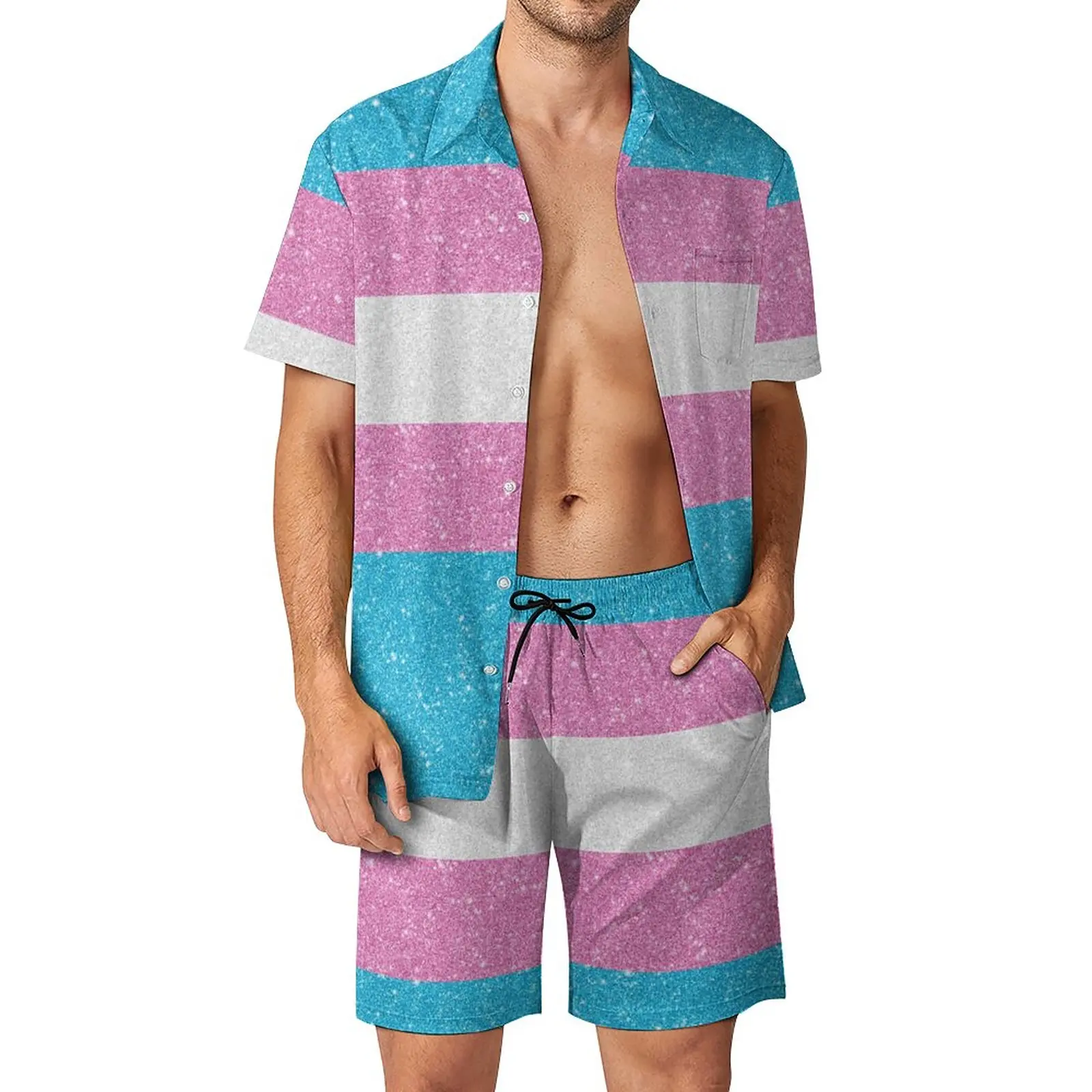

Faux Glitter Transgender Pride Flag Men's Beach Suit Funny 2 Pieces Coordinates High Quality Leisure USA Size