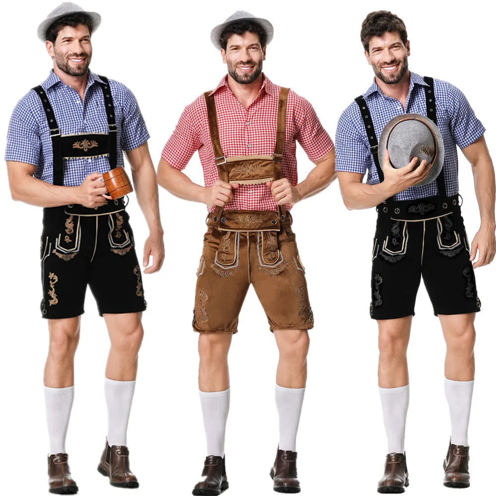 

Germany Oktoberfest Beer Man Lederhosen Costume Halloween Bavarian Carnival Party Deluxe Cosplay Suspenders Shorts