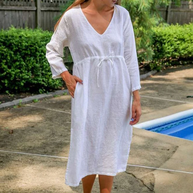 Длинное платье из хлопка и льна, с V-образным вырезом и карманами
Длинное платье из хлопка и льна, с V-образным вырезом и карманами
