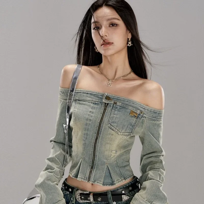 

Denim top Spring Long Sleeve Women Jacket Casual Chic Fashion Zipper Tops Women Off Shouder Sexy Slash Neck Roupas Femininas