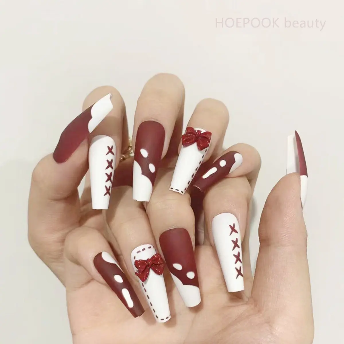 

24pcs Wine Red Bow Long Ballet False Nails Art Seamless Removable Fake Nails Full Coverage Artificial Press On Nail With Designs