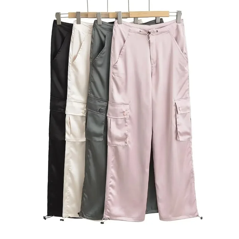 Women Elegant Solid Satin Cargo Pants Y2K Streetwear Casual Pockets Drawstring Wide Leg Trousers Summer Baggy Silk Straight Pant
Women Elegant Solid Satin Cargo Pants Y2K Streetwear Casual Pockets Drawstring Wide Leg Trousers Summer Baggy Silk Straight Pant