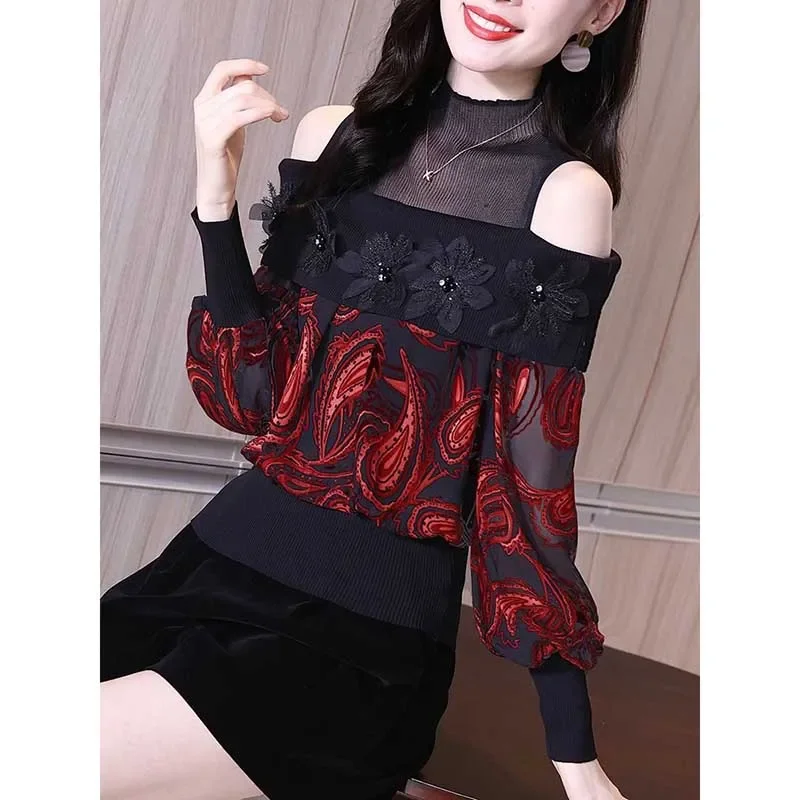 

Elegant Gauze Spliced Printed Beading Off Shoulder Blouses Women's Clothing Spring New Loose Korean Tops Office Lady Shirts E581
