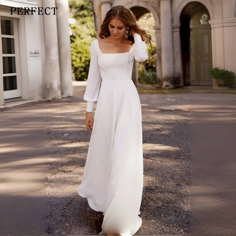 PERFECT Simple Modest Satin Wedding Dresses Square Neck A Line Long Sleeves Rustic Casual Gown with Sweep Train Bridal Gowns
PERFECT Simple Modest Satin Wedding Dresses Square Neck A Line Long Sleeves Rustic Casual Gown with Sweep Train Bridal Gowns