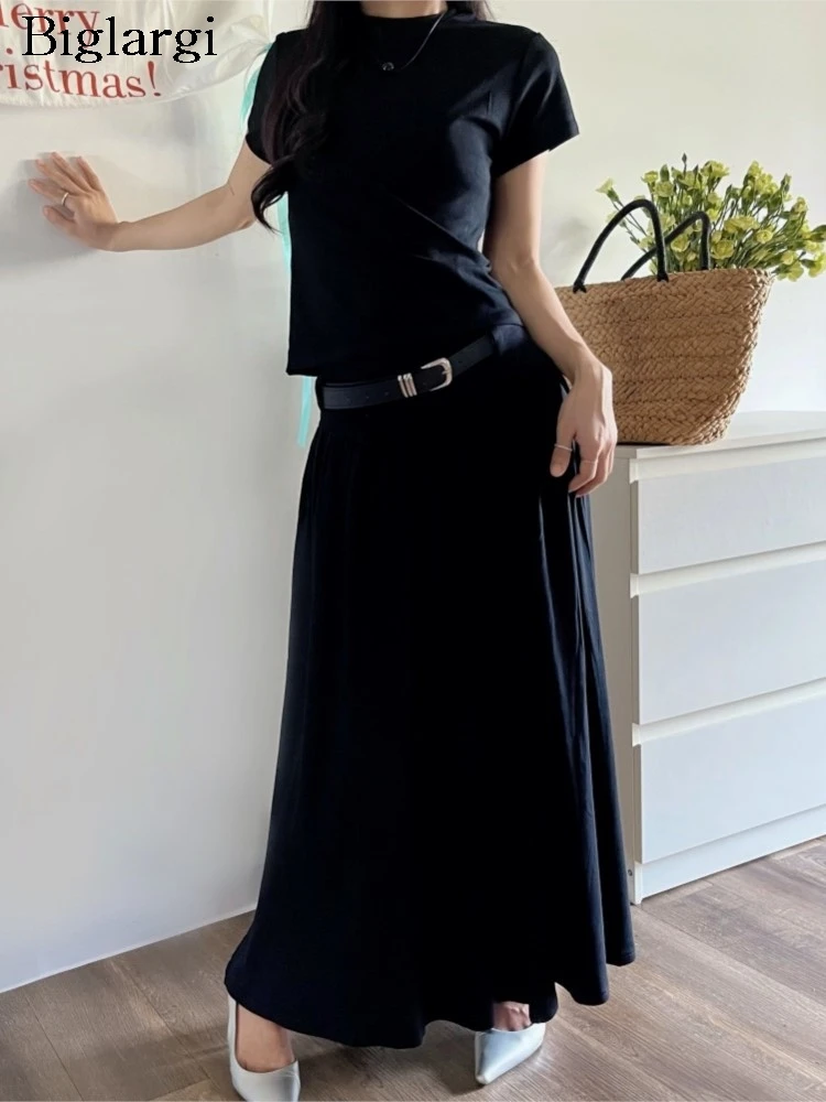 

Женский комплект из 2 предметов, облегающая модная футболка с коротким рукавом, Корейская свободная трапециевидная плиссированная длинная юбка с оборками, лето