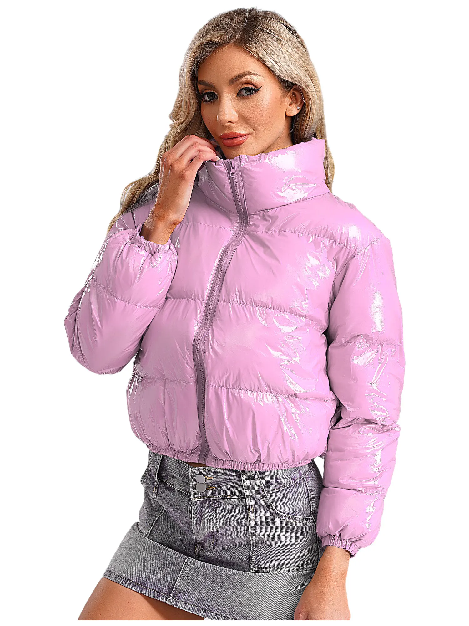 Women's Metallic Glossy Puffy Padded Jacket Quilted Outerwear Coat with Zipper Winter Stand Collar Outdoor Streetwear Women's Metallic Glossy Puffy Padded Jacket Quilted Outerwear Coat with Zipper Winter Stand Collar Outdoor Streetwear