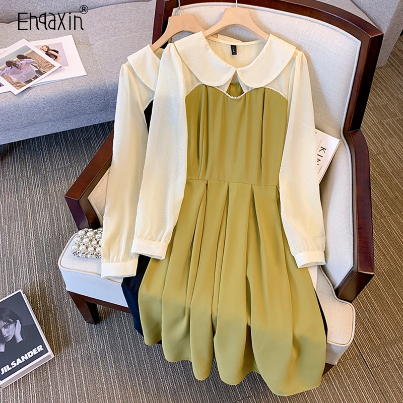 

EHQAXIN весеннее женское платье Мода 2023 Новинка корейский цвет контрастный Ститч бисер кукольный воротник трапециевидные платья для женщин