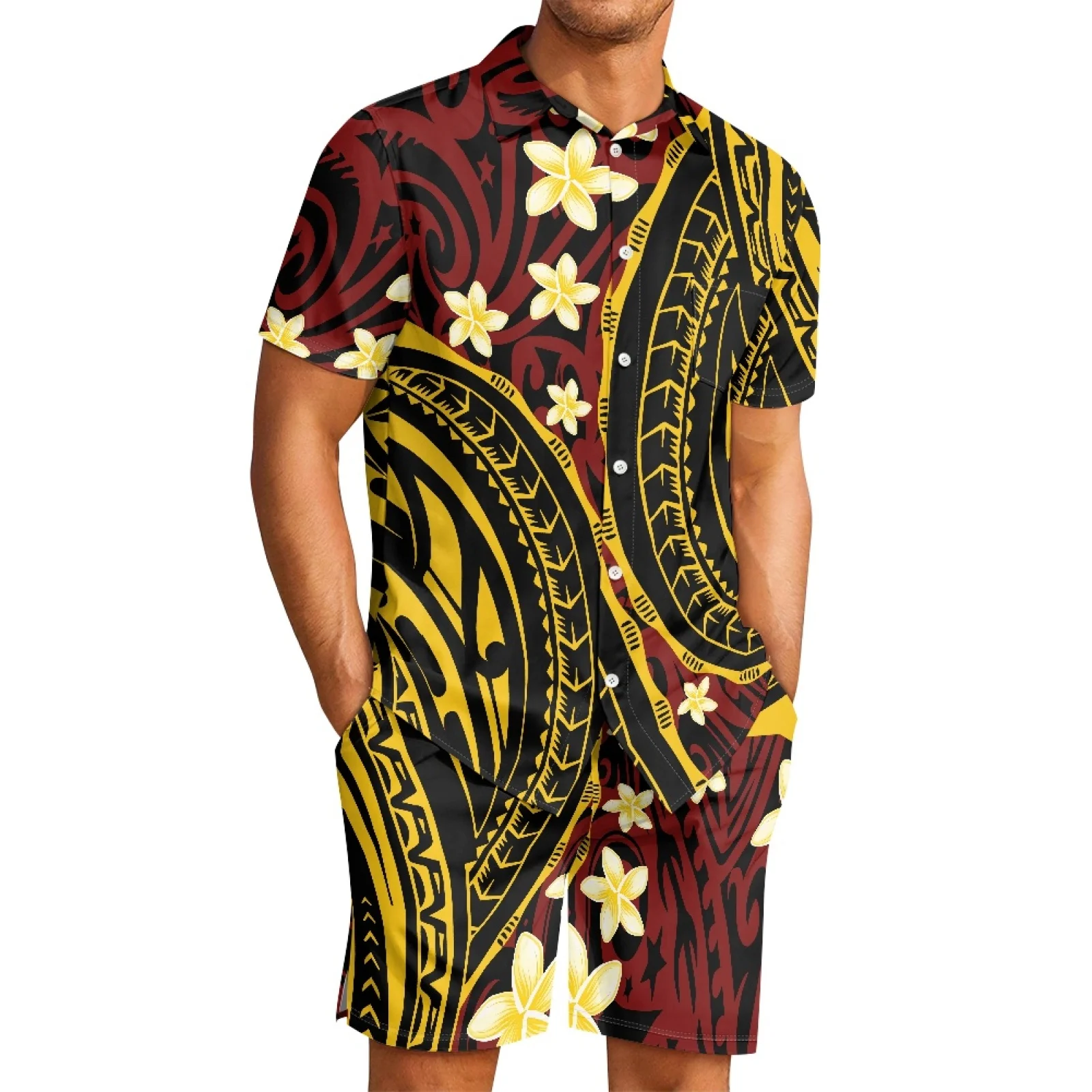 

Polynesian Tribal Samoan Totem Tattoo Samoa Prints Men Casual Button-Down Shirt Plumeria Short Sleeve Beach Shorts 2Piece Set