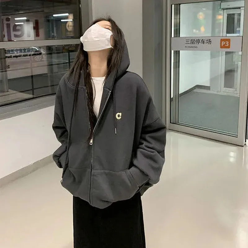 Hooded Harajuku Sweatshirt Zip Up Women Loose Y2K Oversize Autumn High Street Hoodies Fashion Dark Grey Female Coat
Hooded Harajuku Sweatshirt Zip Up Women Loose Y2K Oversize Autumn High Street Hoodies Fashion Dark Grey Female Coat