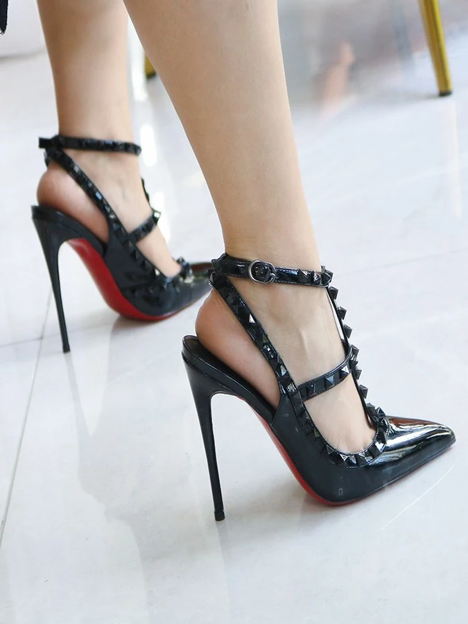 

Roman style black rivet pointed ultra-high heels sandals with red soles, thin heel buckle strap,sexy nightclub custom high heels
