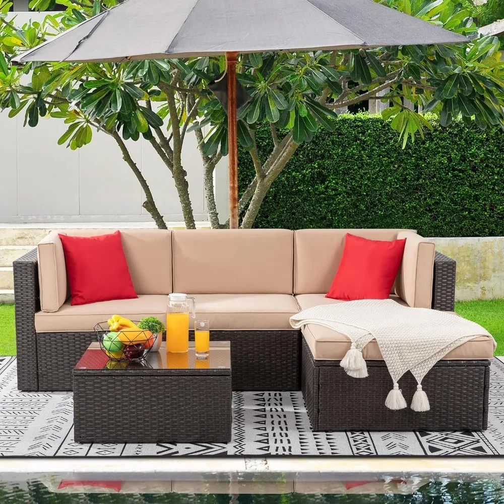 

5 Pieces Patio Furniture Sets Outdoor All-Weather Sectional Patio Sofa Set PE Rattan Manual Weaving Wicker Patio