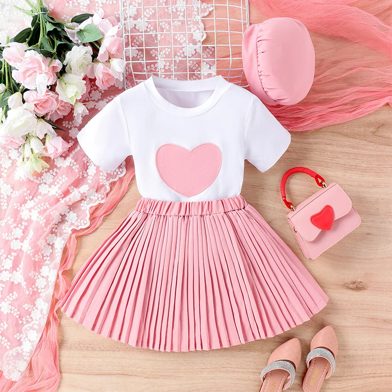 Lovely Toddler Grils 3pcs Outerwear Heart Embroidery Short Sleeve T-Shirts Tops Pleated Skirts Hat Kid Set
Lovely Toddler Grils 3pcs Outerwear Heart Embroidery Short Sleeve T-Shirts Tops Pleated Skirts Hat Kid Set