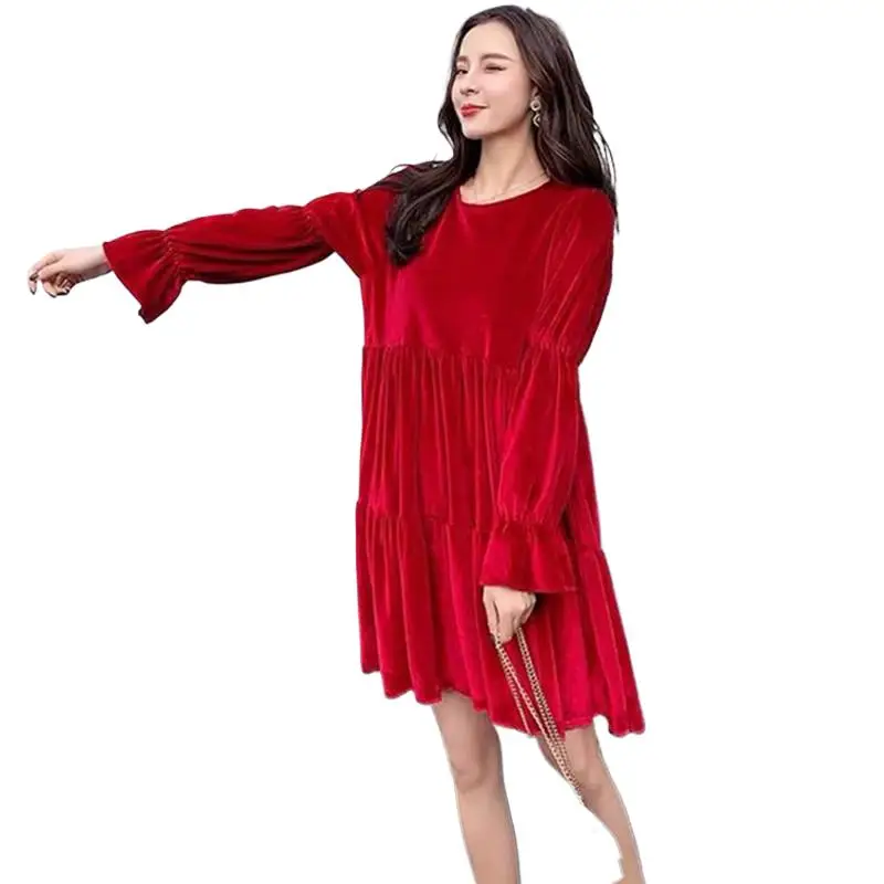 

New Spring and Autunm women Elegant and luxurious velour dress Sweet girl' Pleated ruffled velvet dress