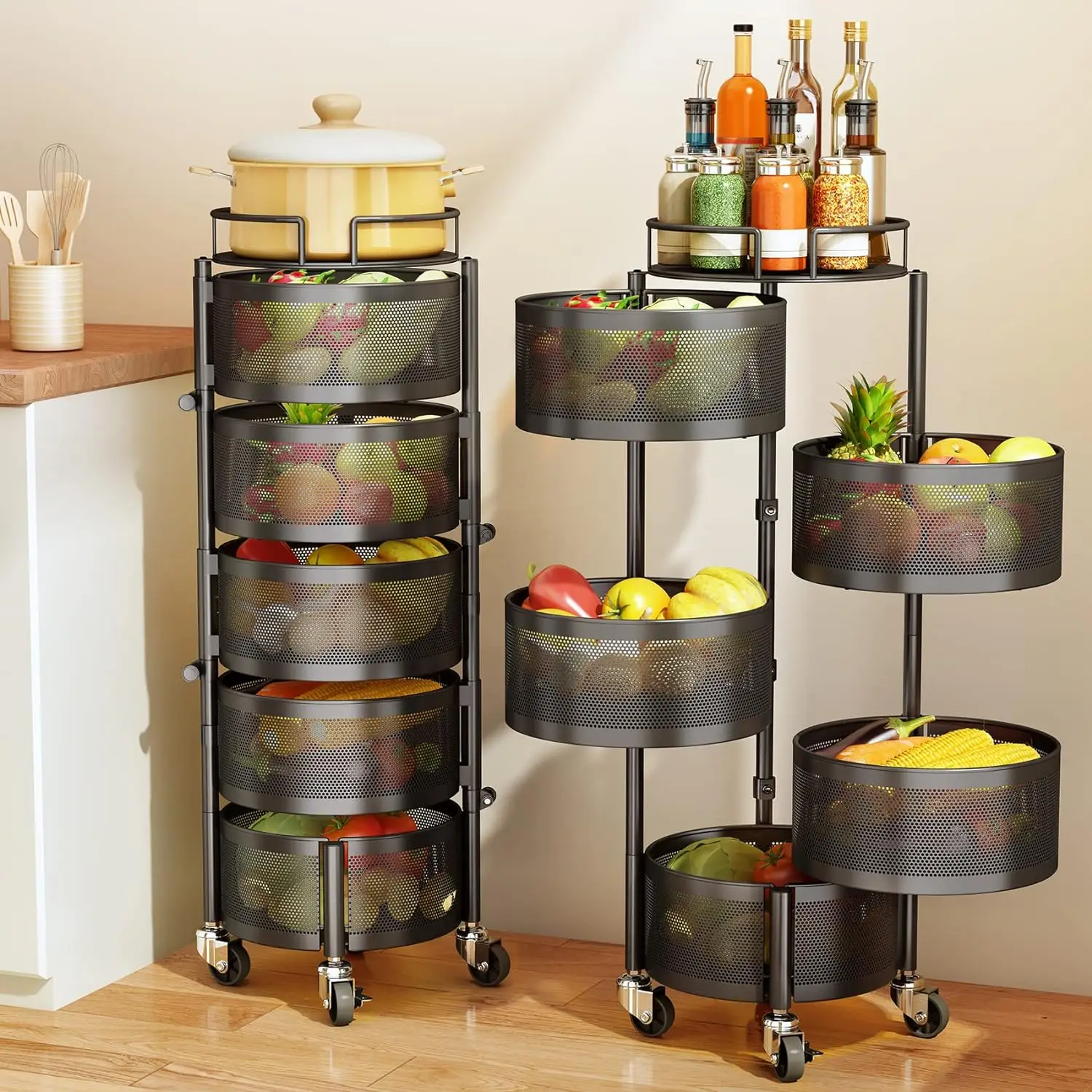 

Fruit Vegetable Basket for Kitchen, Rotating Storage Rack,5 Tier Rolling Cart Basket with top lid,Large Metal Wire Basket Wheels