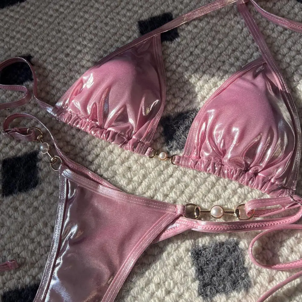2Pcs Set Women Bikini Set Bright Surface Faux Pearl Halter Bra Lace Up