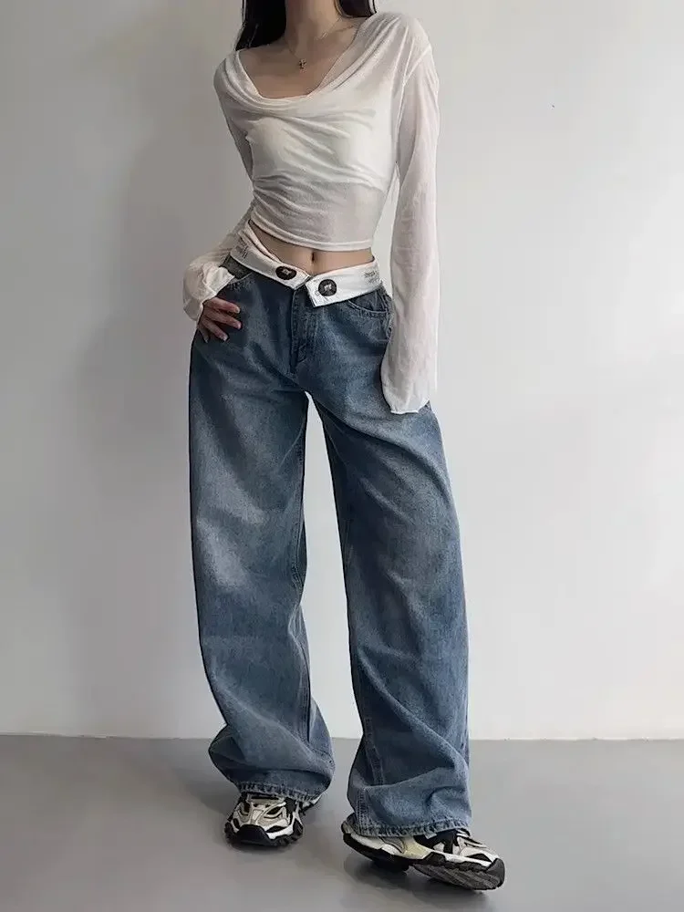 

HOUZHOU Vintage Y2k Jeans Women Baggy Kpop Gyaru Streetwear Wide Blue Denim Pants Harajuku Korean Acubi Fashion High Waist Jeans