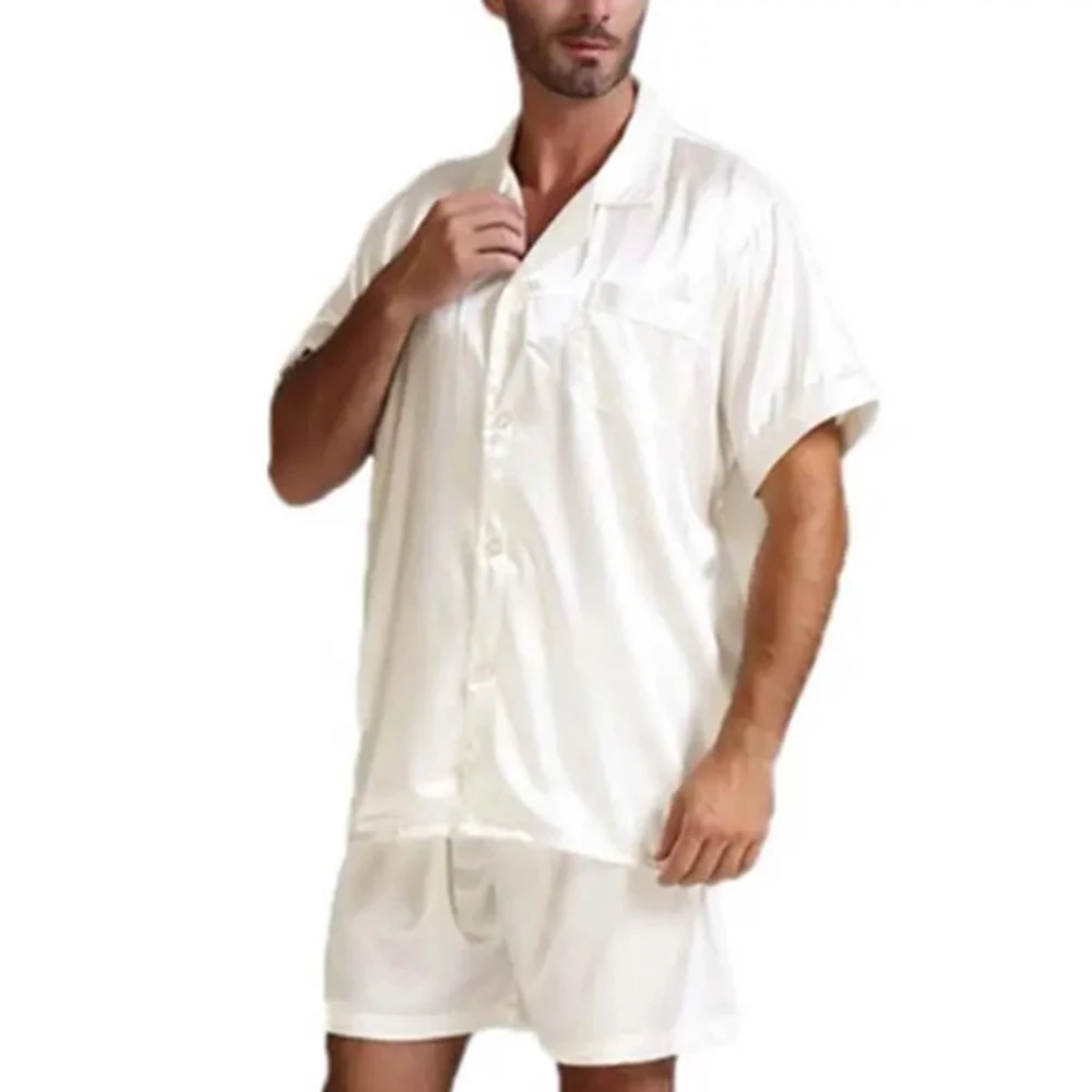 Male Sleepwear Pajamas Set Short Sleeve Silk Satin Sleepwear Button Shirt Shorts Button Sleep Wear Good Quality
Male Sleepwear Pajamas Set Short Sleeve Silk Satin Sleepwear Button Shirt Shorts Button Sleep Wear Good Quality