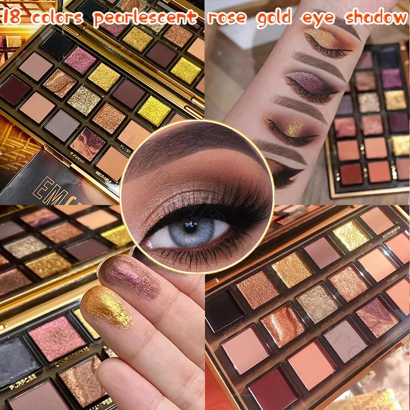 

Powered Eyeshadow Palette 18 Colors Pearly Luster Matte Rose Gold Eyeshadow Palette Long Lasting Waterproof Makeup Cosmetics