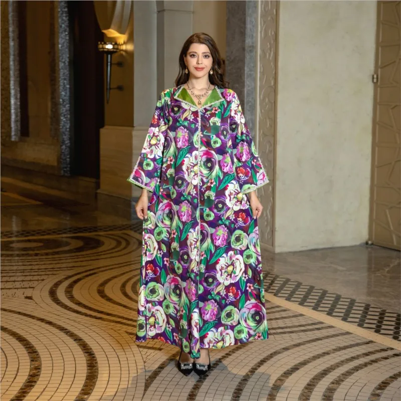 

Robe Arab Dubai Heather Color with Pattern Muslim Dress Home Diamond