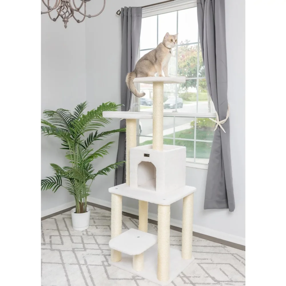 

Лежанки для кошек 62 дюйма, натуральное дерево для кошек и Кондо, когтеточная башня, кровати и мебель для искусственных предметов для дома, цвета слоновой кости