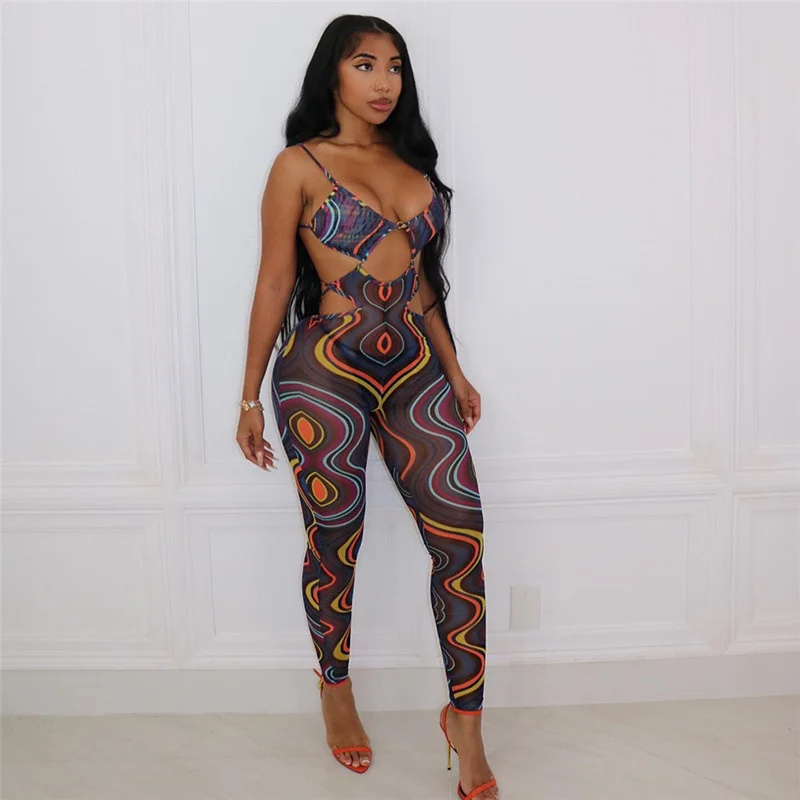 

Zabrina Sexy Spaghetti Strap Jumpsuits For Girls Print Cut Out Splicing Playsuit 2023 New Chic Backless Female Athletic Jumpsuit