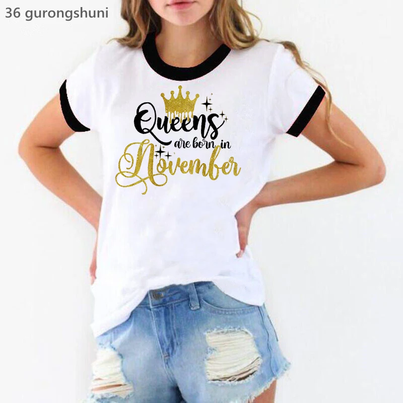 

2024 New Style Birthday Gift T-Shirt Women Clothing Golden Crown Queen Are Born In January To December Letter Print Tshirt Femme