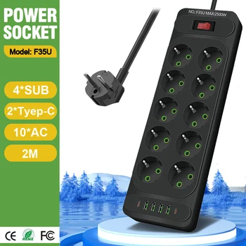 EU 플러그 AC 콘센트 멀티탭 멀티탭 익스텐션 코드 전기 소켓, USB C 타입 포트, 고속 충전 네트워크 필터 충전기
