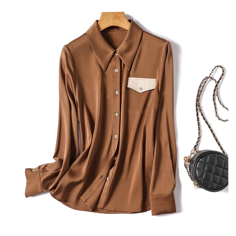 

Vintage Solid Light Brown Elegant Silk Blouse Autumn Spring Long Sleeve Shirt Women Tops Turn Down Collar Satin Clothes 24394