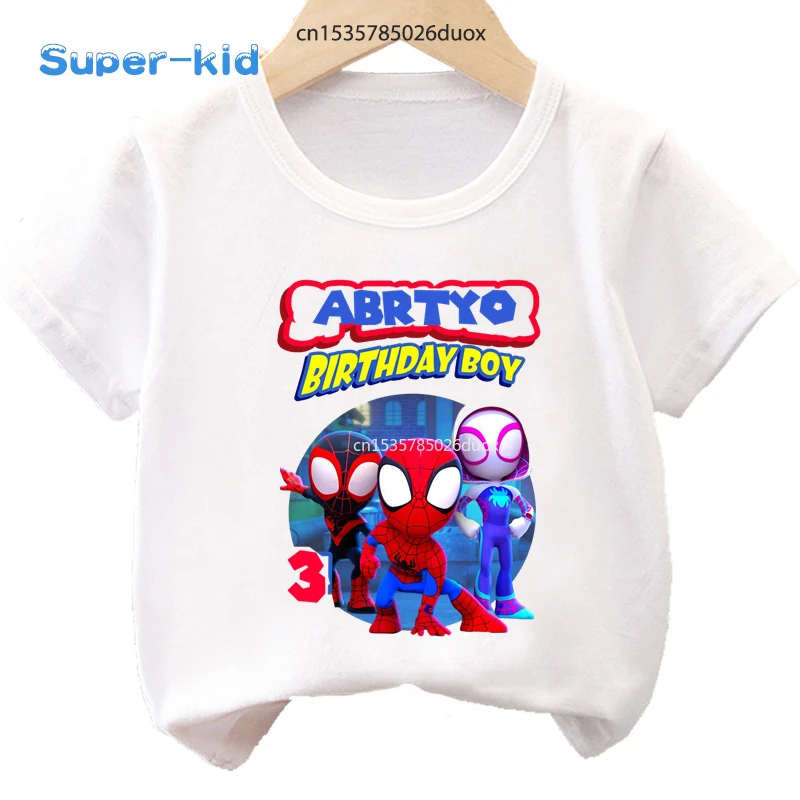 

2 3 4 5 6 7 8 Birthday Marvel Spiderman Boy Shirt Spider Man and His Friends Personalize Name Birthday Girl Summer White T-shirt