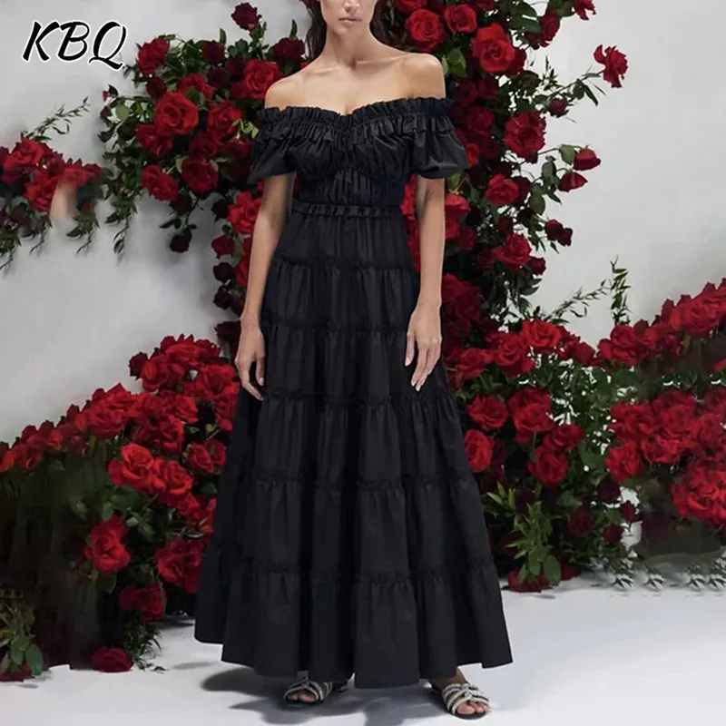 

KBQ Solid Spliced Folds Elegant Dresses For Women Slash Neck Puff Sleeve High Waist Patchwork Zipper Long Dress Female Fashion