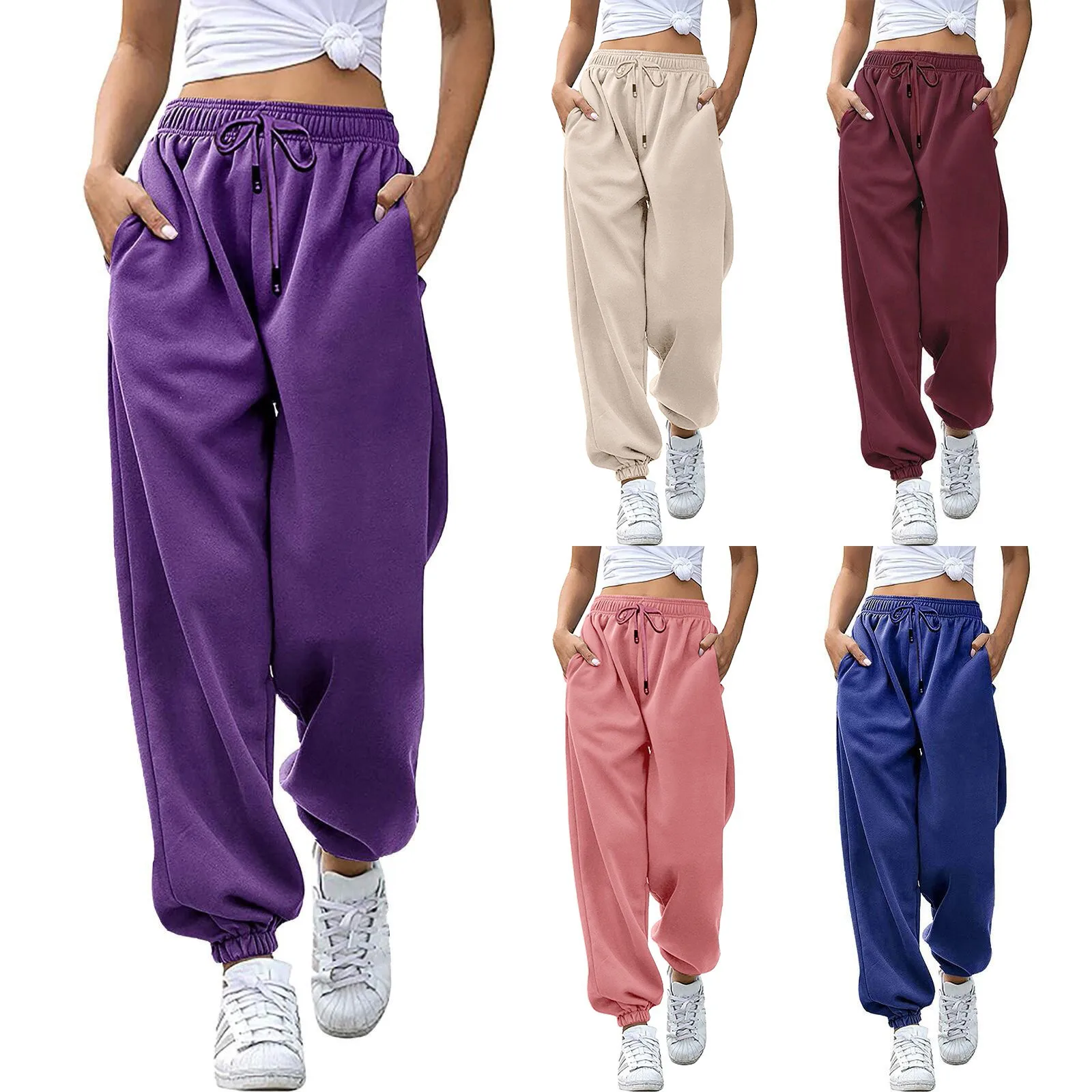 

Women's Bound Feet Bottom Sweatpants Joggers Pants Workout High Waist Sport Yoga Pants With Pockets Stretch Female Long Pants