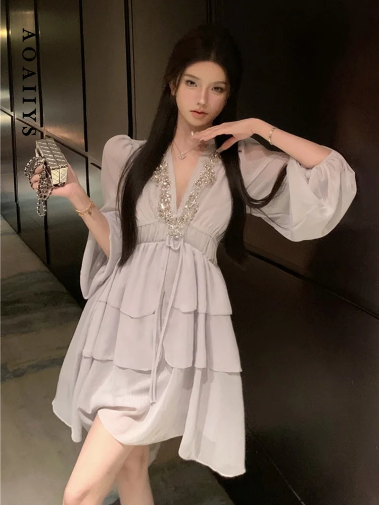 

Mini Dress for Women Dresses 2023 Summer Designer A-Line Above,Knee Mini Clothing Slash Neck High Waisted V-Neck Cake Dresses