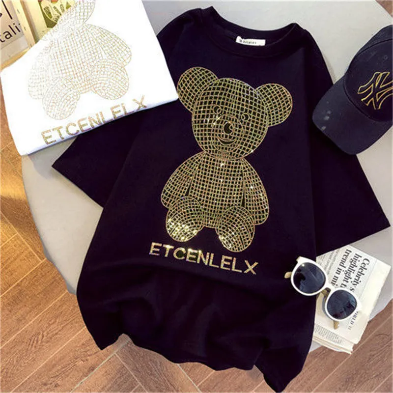 

2024 Combed Cotton Short Sleeved T-shirt For Men And Women's Trendy Brand Teddy Bear Hot Diamond Loose Oversized Couple Top