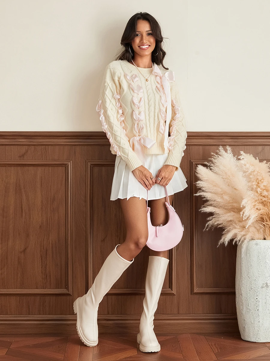 

Женский свитер с лентами и завязками, милый пуловер с круглым вырезом и длинным рукавом, вязаный пуловер с 3D бантом и шнуровкой, одежда в эстетике