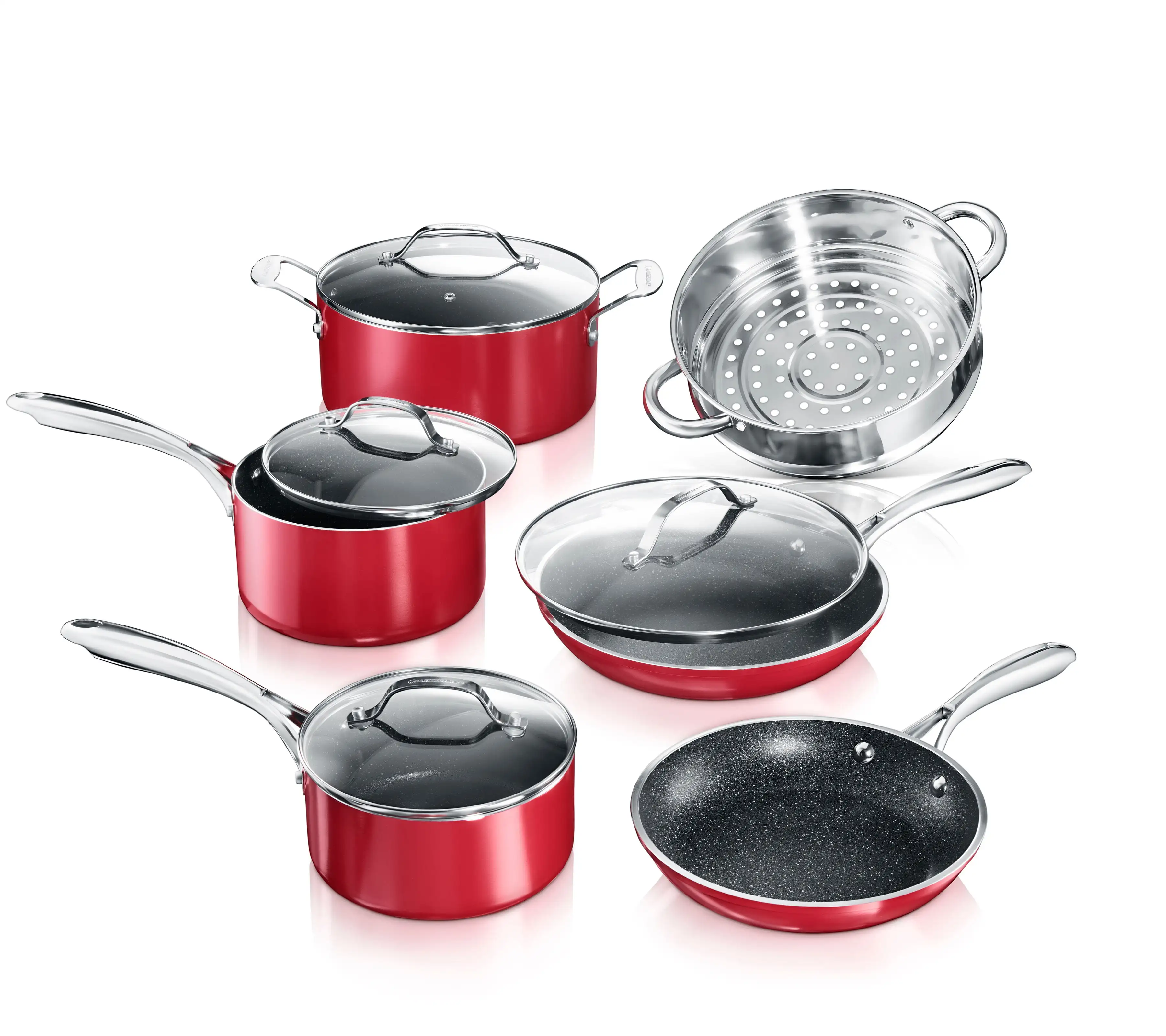 10-Piece Non-stick Pots and Pans Cookware Set, Ultimate Durability and Non-stick with Mineral & Diamond Triple Coated, Red
10-Piece Non-stick Pots and Pans Cookware Set, Ultimate Durability and Non-stick with Mineral & Diamond Triple Coated, Red