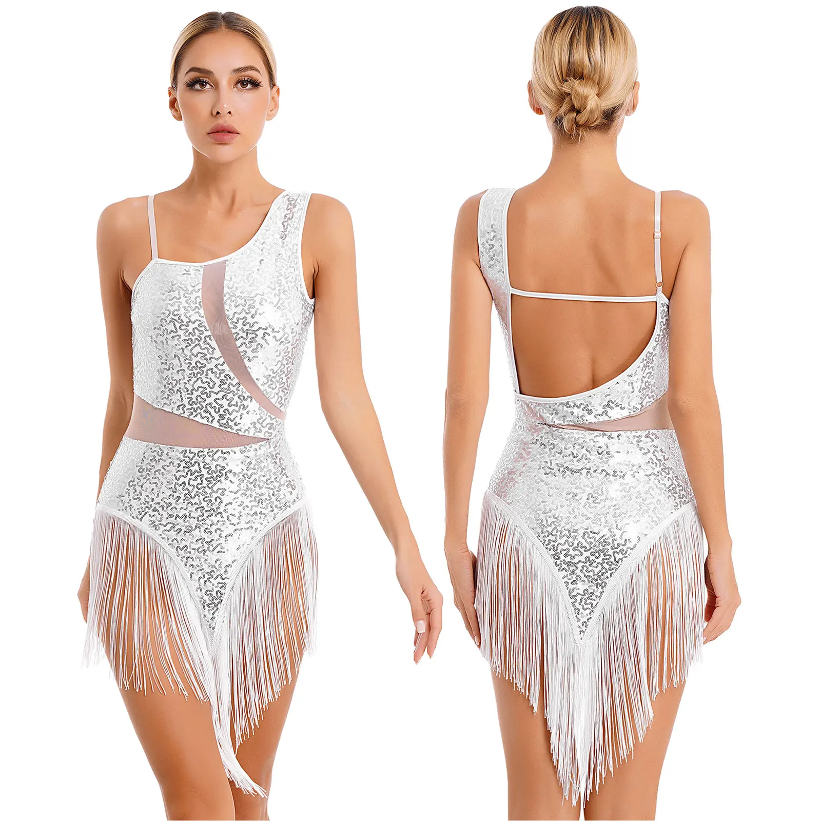 

Womens Latin Samba Dance Performance Costume Sparkling Sequin Fringed Dress Asymmetrical Shoulder Straps Tassel Leotard Dresses