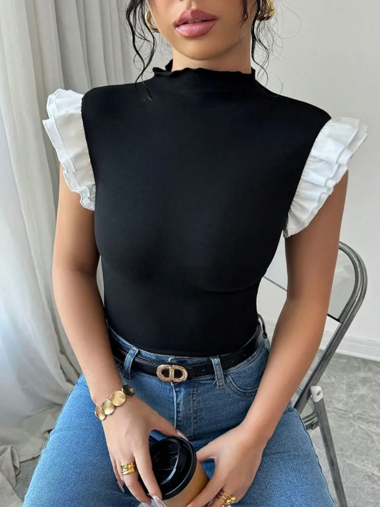 قميص نسائي للربيع والصيف أسود بياقة عالية أبيض مكشكش بدون أكمام ضيق أنيق حلو للاستخدام اليومي عصري قميص نسائي للربيع والصيف أسود بياقة عالية أبيض مكشكش بدون أكمام ضيق أنيق حلو للاستخدام اليومي عصري