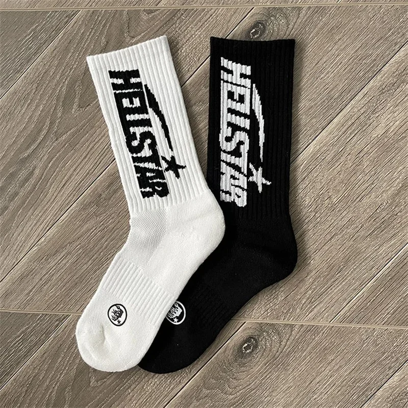 

24ss Black HELLSTAR STUDIOS Classic Socks Men Women 1:1 Best Quality White Pure Cotton Casual Mid Length Socks