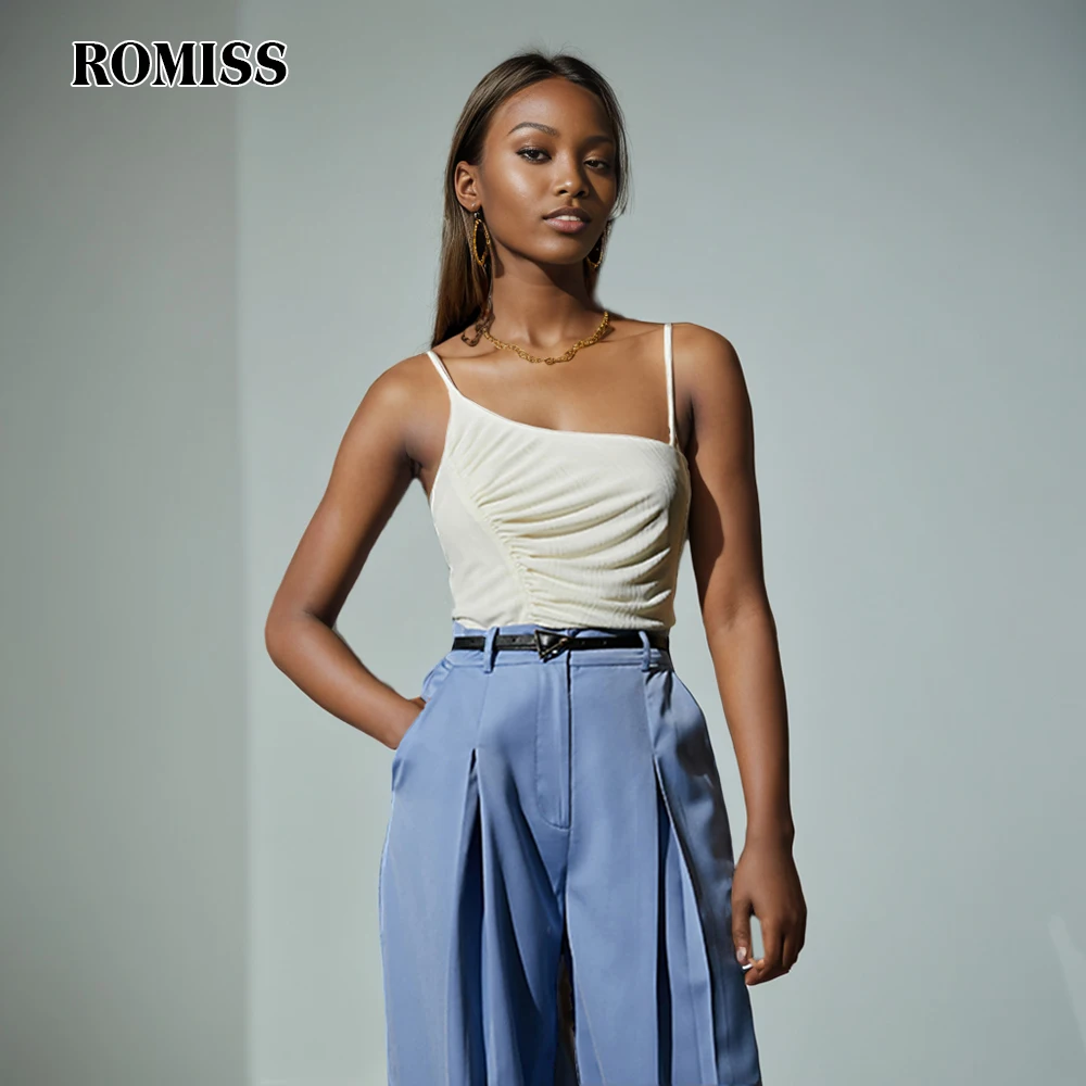 

ROMISS Ruched Tank Tops For Women Skew Collar Sleeveless Off Shoulder Solid Sexy Camis Female Summer Clothing 2024 Style