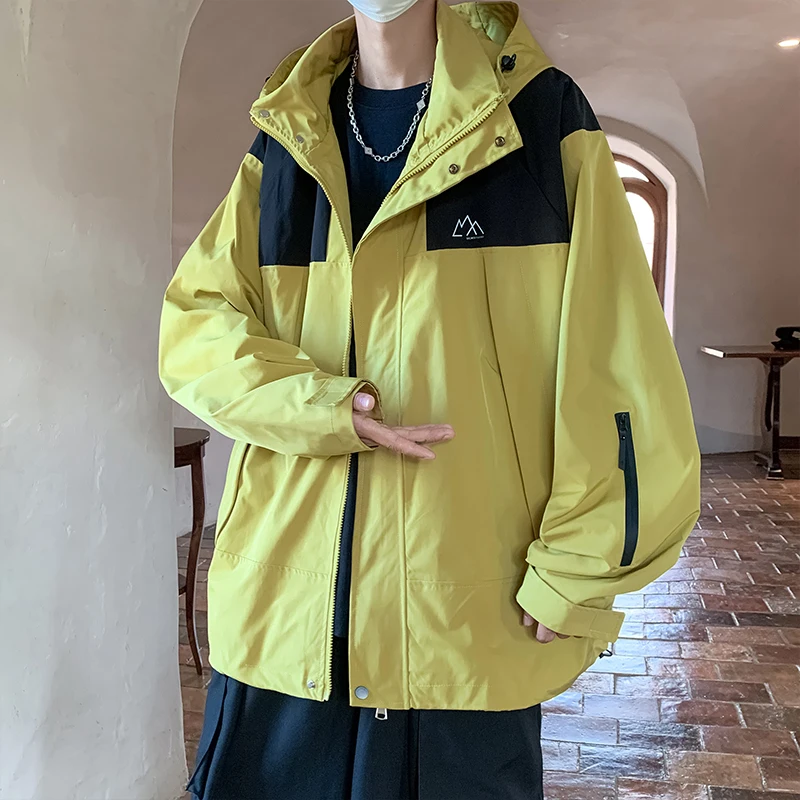 

Korean Style Trendy Men Casual Jacket Side Pockets Patchwork Windbreaker Oversize Outdoor Comfy Sport Coat Zip